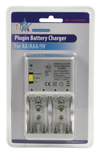 HQ HQ-CHARGER07 Plug-in batterijlader voor het laden van AA/AAA/9 V blokbatterijen
