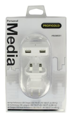 Profigold PROM001 USB-lader CEE 7/16 male + BS 1363 male - USB A female wit