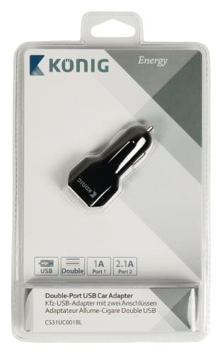 König CS31UC001BL Universele USB auto lader met dubbele poort 1 A en 2,1 A