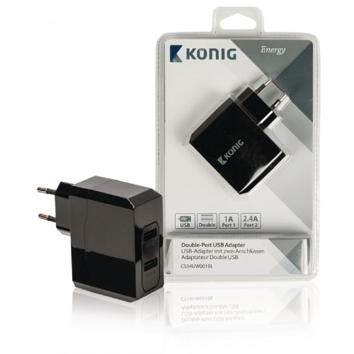 König CS34UW001BL Universele USB lader met dubbele poort 1 A en 2,4 A