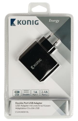 König CS34UW001BL Universele USB lader met dubbele poort 1 A en 2,4 A