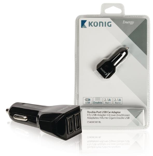 König CS42UC001BL Universele USB auto lader met dubbele poort 2,1 A en 2,1 A