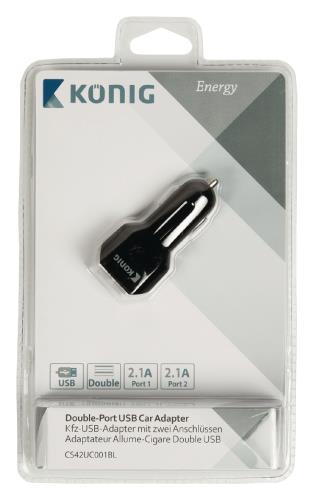 König CS42UC001BL Universele USB auto lader met dubbele poort 2,1 A en 2,1 A