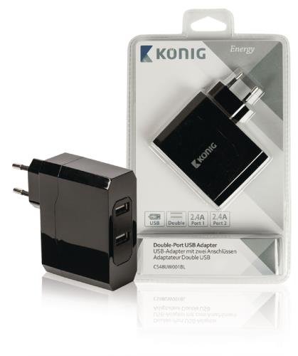König CS48UW001BL Universele USB lader met dubbele poort, 2.4 A en 2.4 A
