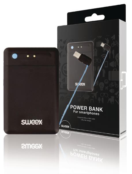 Sweex SW2500PB001U Powerbank ultradun 2500 mAh geïntegreerde Micro USB kabel