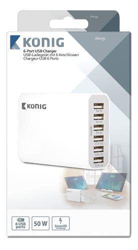 König CS100UW001WH USB-lader 6 poorten 10 A 50 W EU-stekker