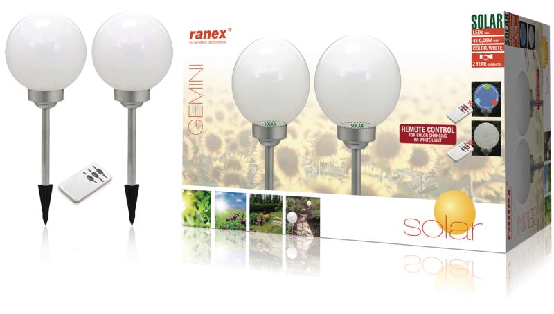 Ranex 5000.391 LED-tuinverlichting op zonne-energie met afstandsbediening, op pen, verpakking van 2 stuks
