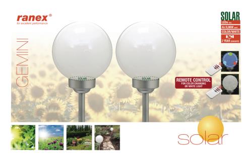 Ranex 5000.391 LED-tuinverlichting op zonne-energie met afstandsbediening, op pen, verpakking van 2 stuks