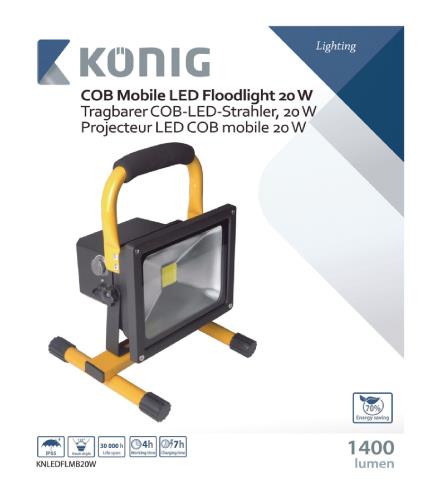 König KNLEDFLMB20W Mobiele COB LED-bouwlamp 20 W 1400 lumen EU-stekker