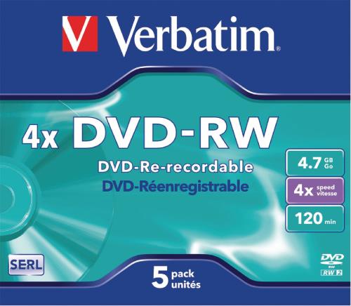 Verbatim 43285 DVD-RW Matt Silver 4x 4.7 GB Jewel Case 5 stuks
