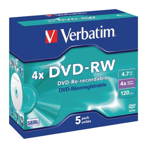 Verbatim 43285 DVD-RW Matt Silver 4x 4.7 GB Jewel Case 5 stuks