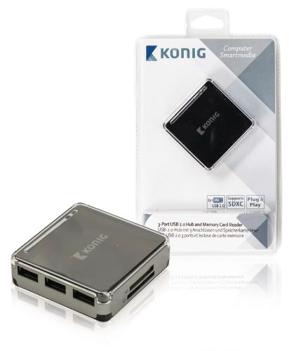 König CSU2CHC100BL 3-poorts USB 2.0-hub en geheugenkaartlezer