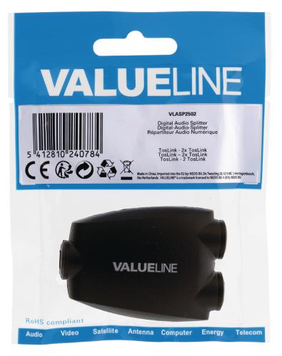 Valueline VLASP2502 Digitale audiosplitter 2-wegs TosLink female - 2x female zwart