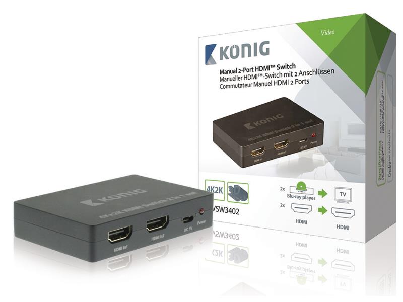 König KNVSW3402 Handmatige 2-poorts HDMI-schakelaar 2x HDMI-ingang - HDMI-uitgang donkergrijs