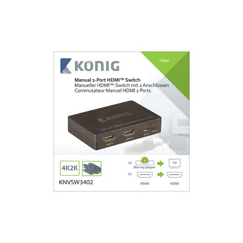 König KNVSW3402 Handmatige 2-poorts HDMI-schakelaar 2x HDMI-ingang - HDMI-uitgang donkergrijs