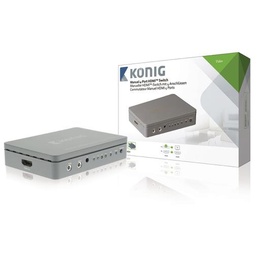 König KNVSW3404 Handmatige 4-poorts HDMI-schakelaar 4x HDMI-ingang - HDMI-uitgang donkergrijs