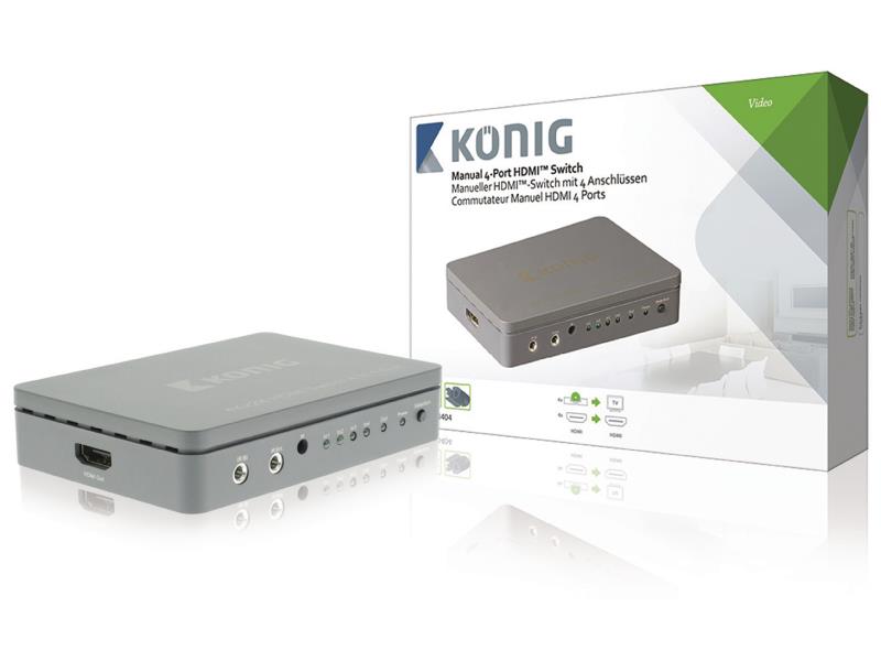 König KNVSW3404 Handmatige 4-poorts HDMI-schakelaar 4x HDMI-ingang - HDMI-uitgang donkergrijs