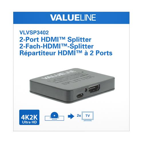 Valueline VLVSP3402 HDMI-splitter 2-wegs HDMI-ingang - 2x HDMI-uitgang zwart