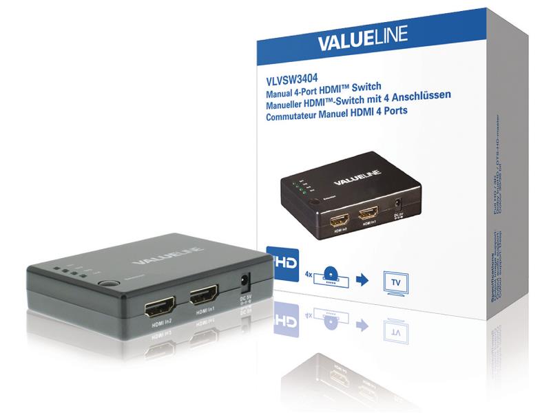 Valueline VLVSW3404 Handmatige 4-poorts HDMI-schakelaar 4x HDMI-ingang - HDMI-uitgang zwart