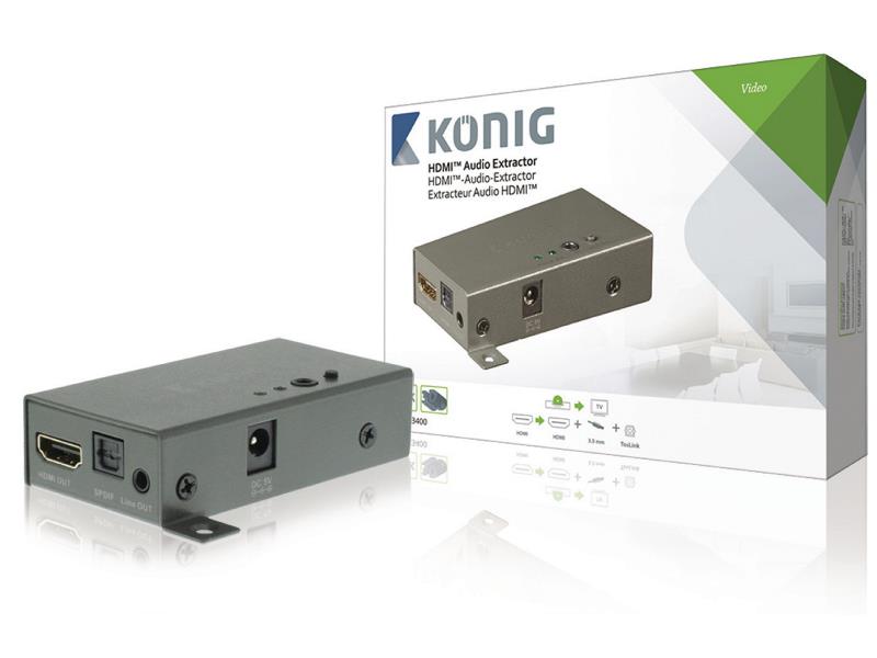 König KNVEX3400 HDMI audio extractor HDMI-ingang - HDMI-uitgang + TosLink en 3.5 mm audio donkergrijs