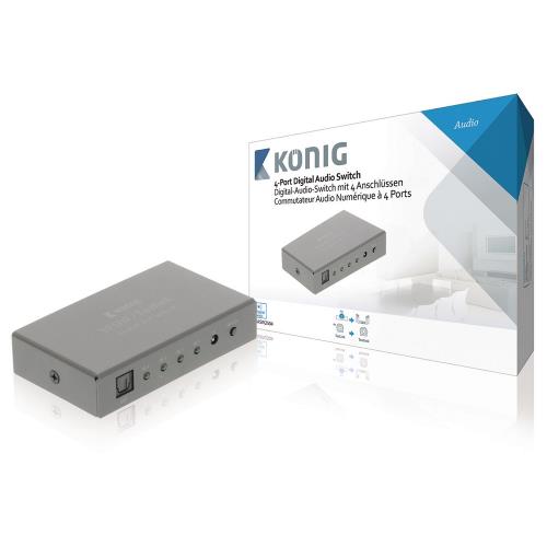 König KNASW2504 Digitale audio-switch 4-wegs TosLink 4x female - 1x female donkergrijs