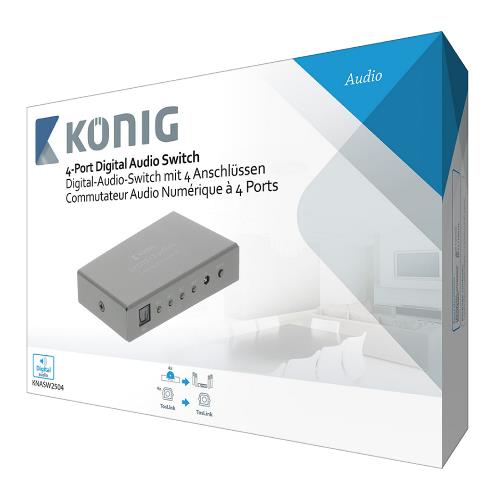 König KNASW2504 Digitale audio-switch 4-wegs TosLink 4x female - 1x female donkergrijs