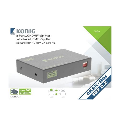 König KNVSP3432 HDMI Splitter HDMI-Ingang - 2x HDMI-Uitgang Donkergrijs