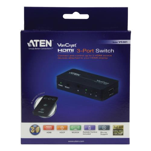 Aten  HDMI Schakelaar 3x HDMI-Ingang - HDMI-Uitgang Zwart