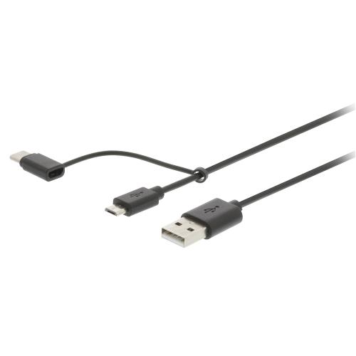 Valueline VLMP60610B1.00 USB 2.0 Kabel USB A Male - USB-Micro-B / USB-C Male 1 m Zwart