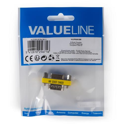 Valueline VLCP52812M Seriële Adapter SUB-D 9-Pins Male - SUB-D 9-Pins Female Metaal