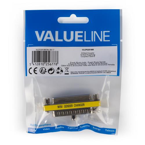 Valueline VLCP52818M Seriële Adapter SUB-D 25-Pins Male - SUB-D 25-Pins Female Metaal