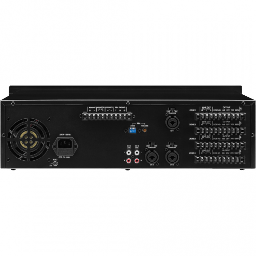 Monacor PA-4040 4-zone rack mixer 4x 40W 100V achterzijde
