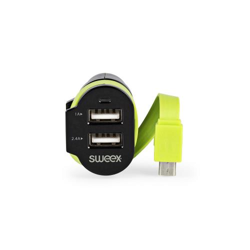Sweex CH-023BL Autolader 3-Uitgangen 6 A 2x USB / Micro-USB Zwart/Groen