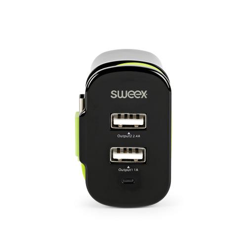Sweex CH-027BL Lader 3-Uitgangen 3 A 2x USB / USB-CT Zwart/Groen
