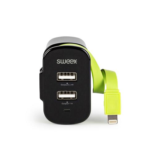 Sweex CH-028BL Lader 3-Uitgangen 3 A 2x USB / Apple Lightning Zwart/Groen