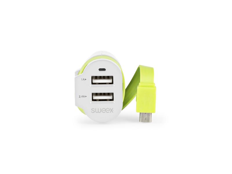 Sweex CH-023WH Autolader 3-Uitgangen 6 A 2x USB / Micro-USB Wit/Groen