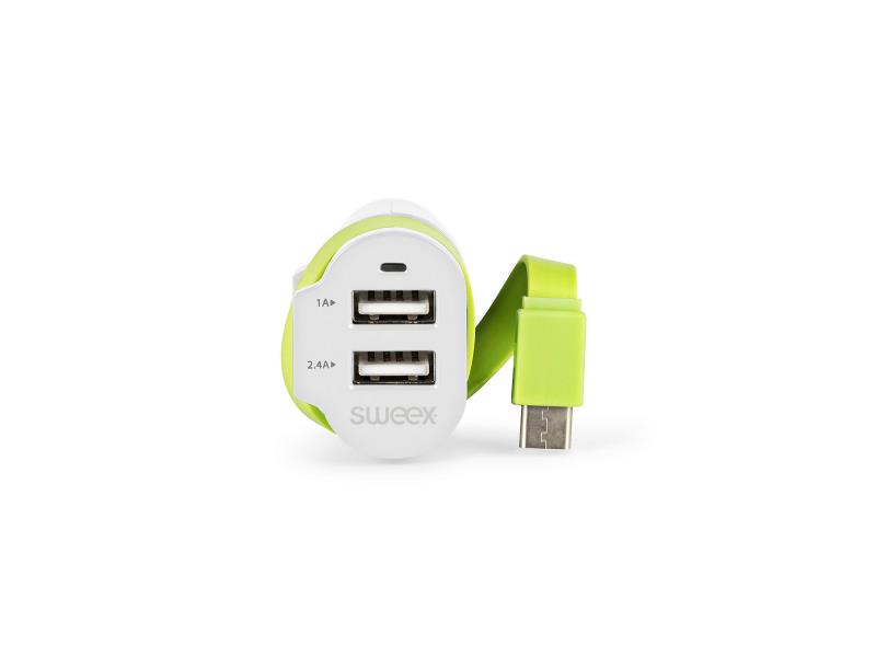 Sweex CH-024WH Autolader 3-Uitgangen 6 A 2x USB / USB-CT Wit/Groen