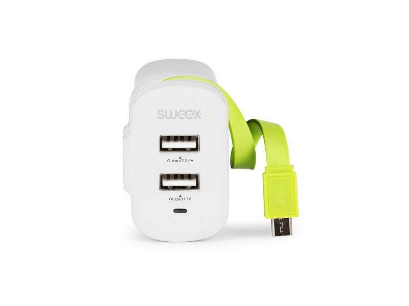 Sweex CH-026WH Lader 3-Uitgangen 3 A 2x USB / Micro-USB Wit/Groen