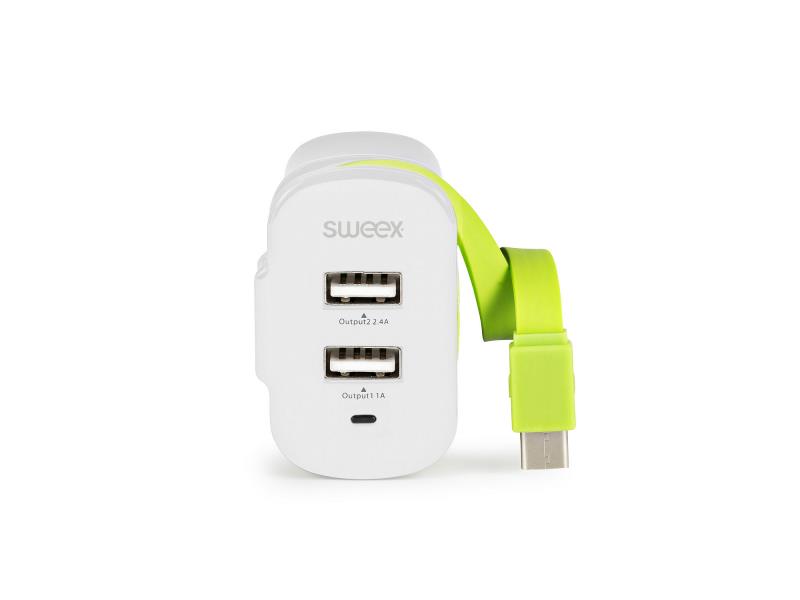Sweex CH-027WH Lader 3-Uitgangen 3 A 2x USB / USB-CT Wit/Groen