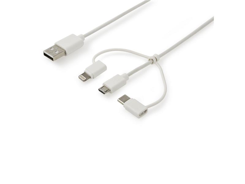 Valueline VLMP60620B1.00 3-in-1 Data en Oplaadkabel USB A Male - Micro-B Male 1 m Wit Type-C-Adapter / Lightning-Adapter