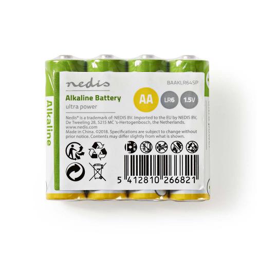 Nedis BAAKLR64SP Alkaline batterij AA | 1,5 V | 4 stuks | Krimpverpakking