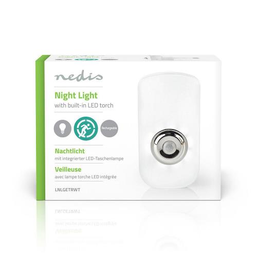 Nedis LNLGETRWT Plug-In LED Nachtlamp met Stekker en Zaklamp | Dag/Nachtsensor | Bewegingssensor