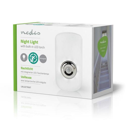 Nedis LNLGETRWT Plug-In LED Nachtlamp met Stekker en Zaklamp | Dag/Nachtsensor | Bewegingssensor
