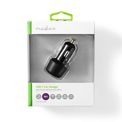 Nedis CCPD18W100BK Autolader | 3,0 A | USB-A / USB-C | Power Delivery 18 W | Zwart