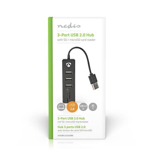 Nedis UHUBCU2320BK USB-Hub | 3-Poorts | USB 2.0 | Cardreader SD / microSD | Zwart
