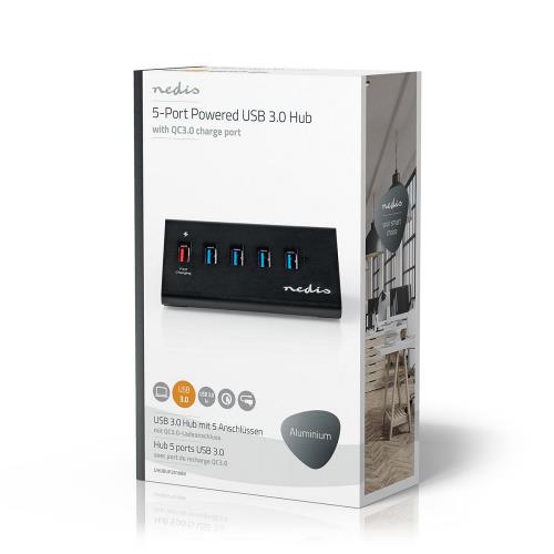 Nedis UHUBUP3510BK USB-Hub | 5-Poorts | USB 3.0 met Externe Voeding | QC3.0 Oplaadpoort | 5 Gbps | Aluminium