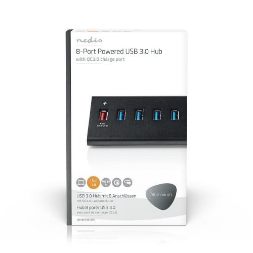 Nedis UHUBUP3810BK USB-Hub | 8-Poorts | USB 3.0 met Externe Voeding | QC3.0 Oplaadpoort | 5 Gbps