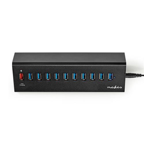Nedis UHUBUP31110BK USB-Hub | 11-Poorts | USB 3.0 Powered | QC3.0 Charge Port | 5 Gbps | Aluminium