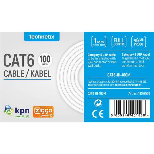 Technetix 19012506 CAT6 UTP Netwerkkabel RJ45 (8/8) Male - RJ45 (8/8) Male 100 m Wit